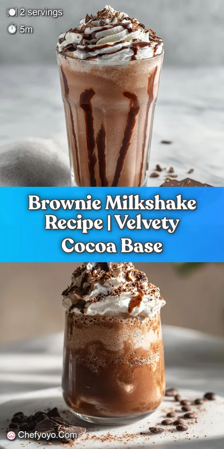 Close-up of a thick, creamy brownie milkshake with visible brownie bits, topped with a swirl of whipped cream.