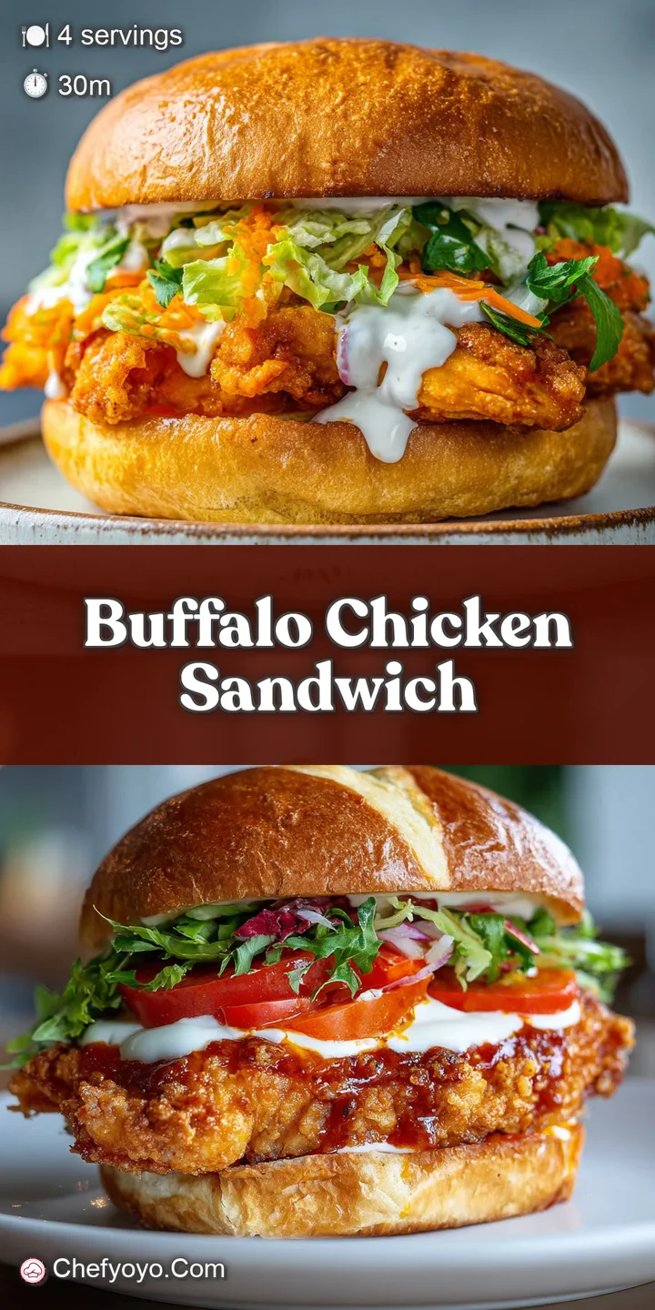 Close-up of a buffalo chicken sandwich showing the crunchy breading, tangy sauce, melted cheese, and juicy chicken inside.