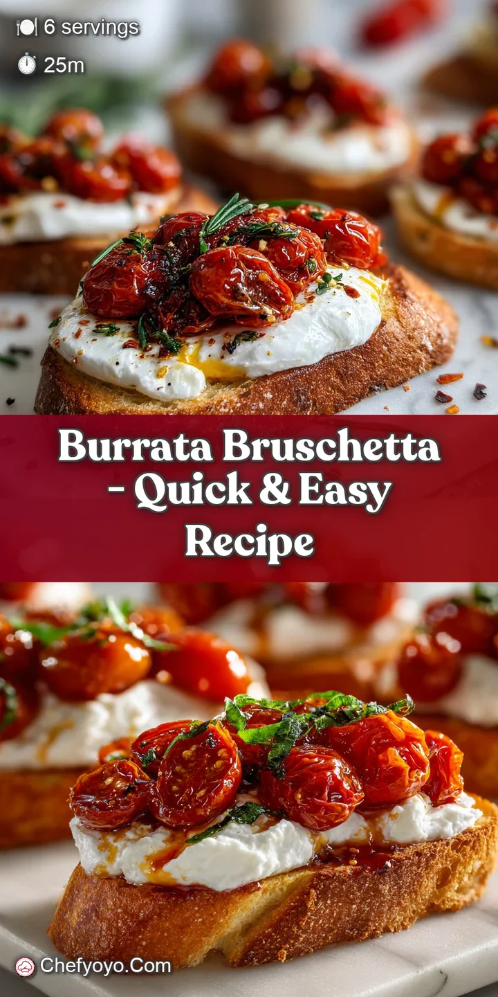 Close-up of bruschetta: crusty bread piled high with sweet roasted tomatoes & a burst of fresh, milky burrata with vibrant...
