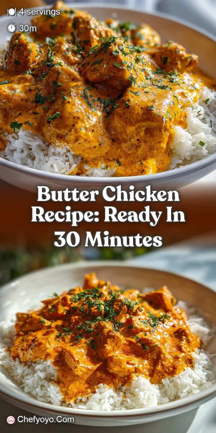 Close-up of tender chicken pieces bathed in a rich, orange-hued butter sauce, hinting at warmth and savory spices.