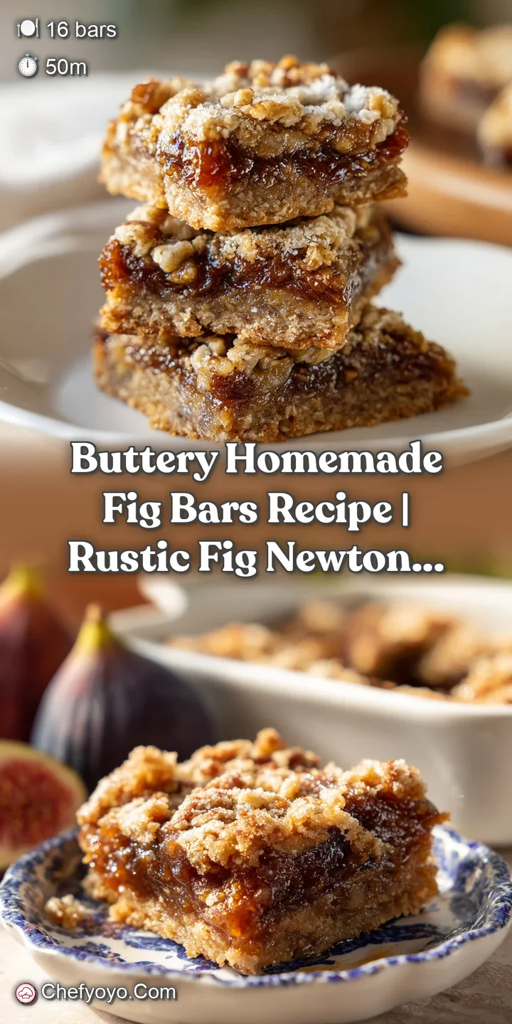 A close-up of a homemade fig bar with a sticky, dark fig filling oozing from the golden-brown, slightly cracked crust.