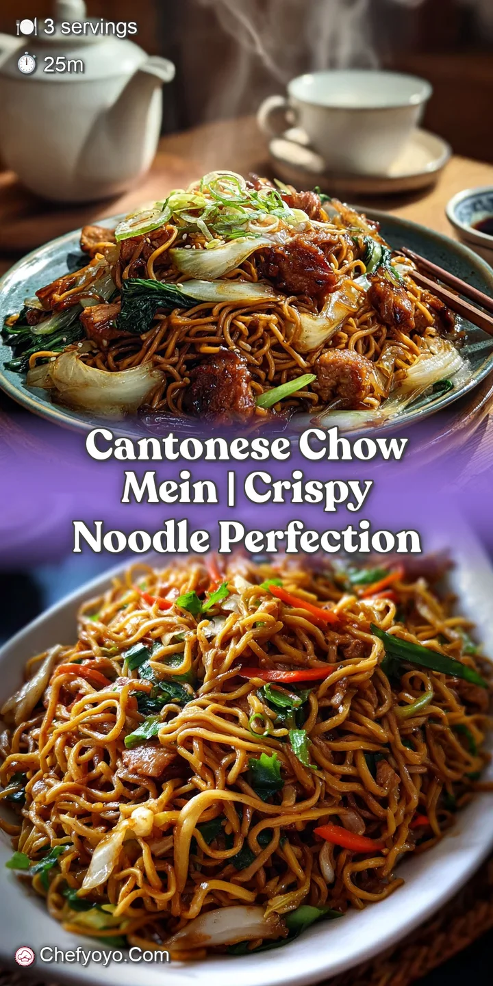 Close-up of glistening chow mein noodles, crisp and slightly charred, with colorful flecks of vegetables and savory, gloss...