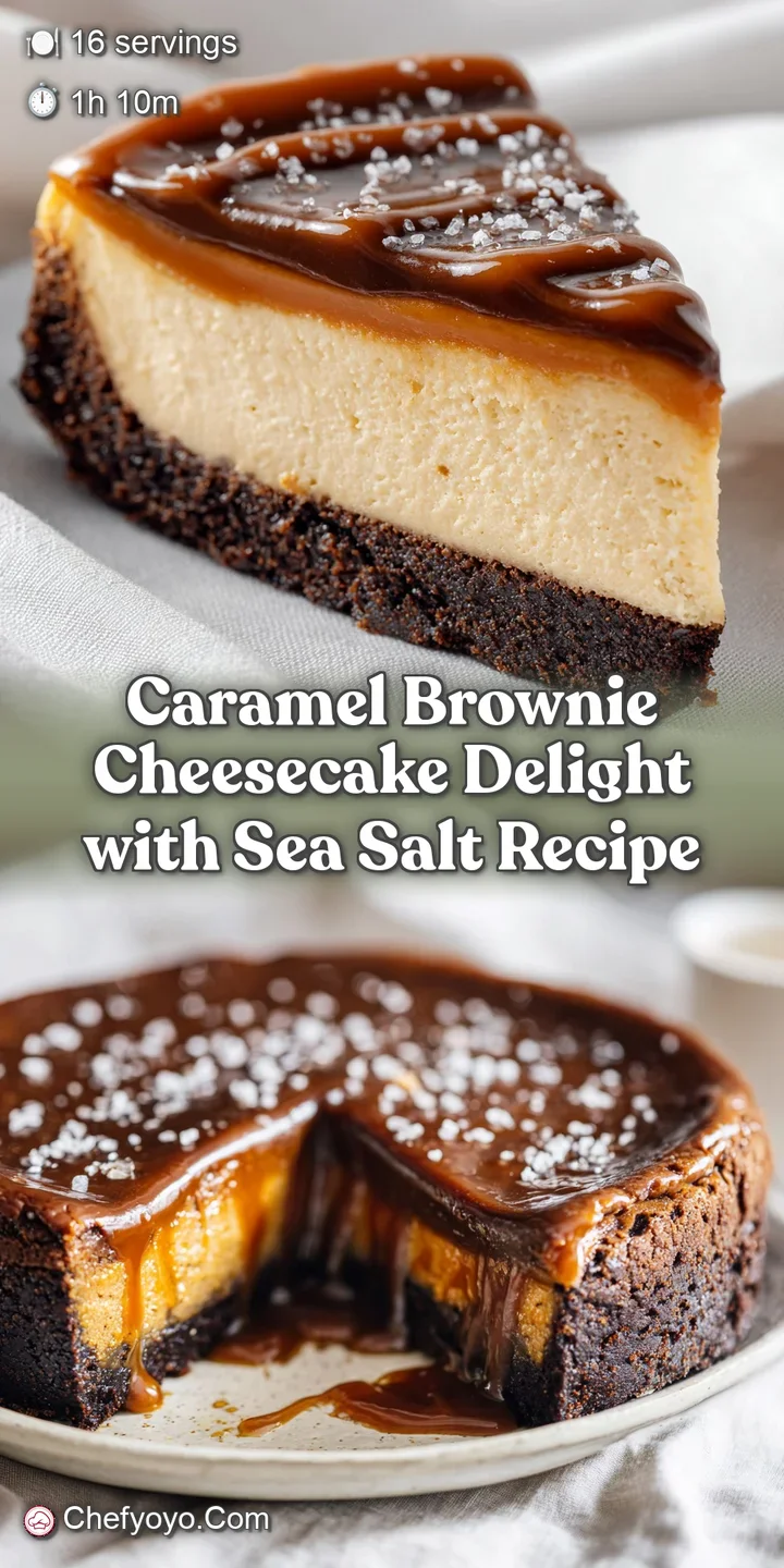 Close-up of a caramel brownie cheesecake, showcasing the fudgy brownie base, creamy filling, and glistening caramel swirls.