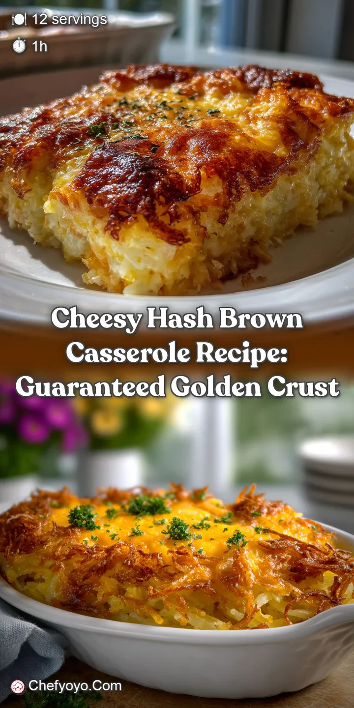 Close-up view of the cheesy, golden surface of the hashbrown casserole, showcasing the melted cheese and crispy potato str...