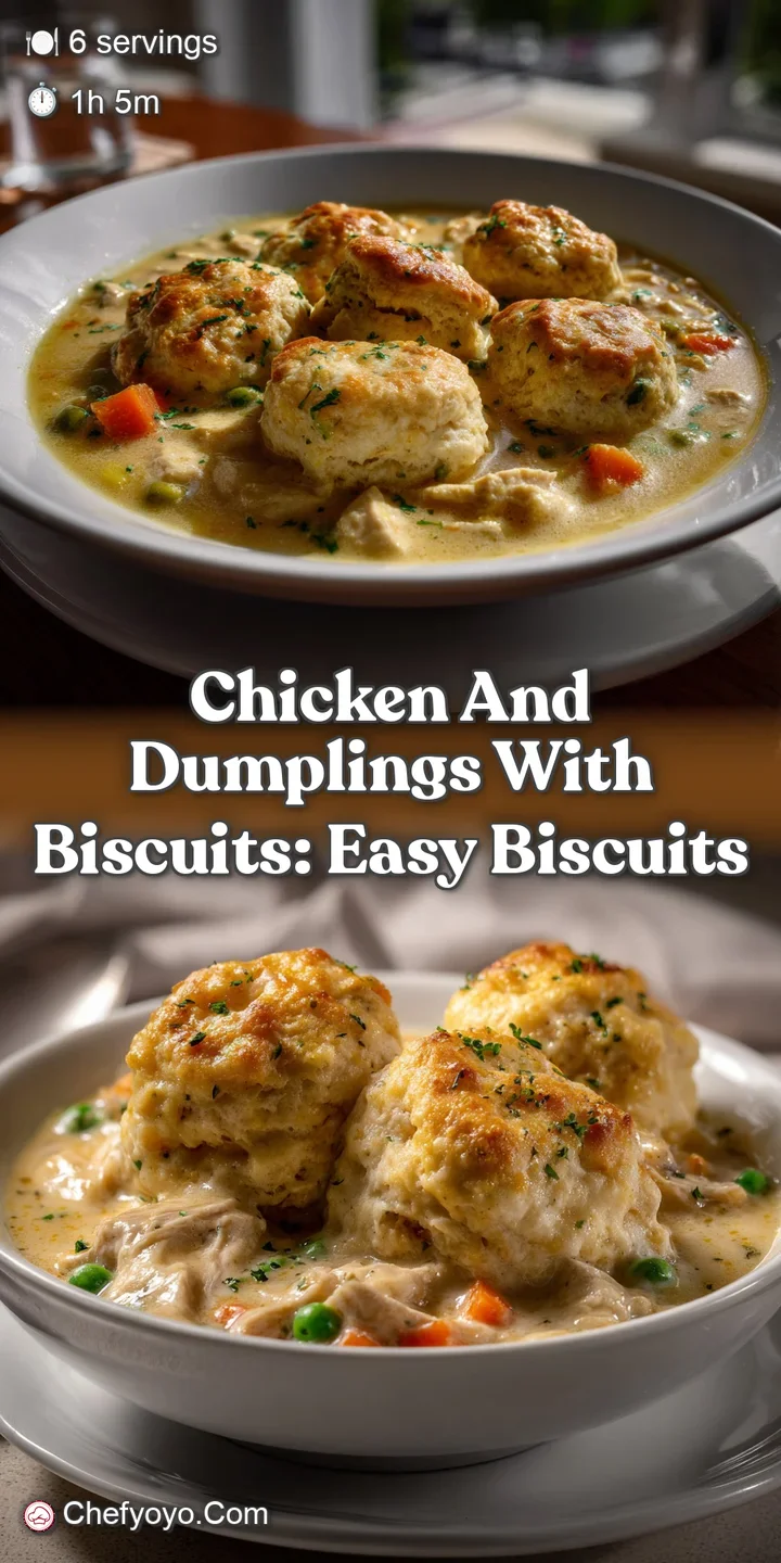 Creamy white dumplings atop tender shredded chicken, surrounded by golden, fluffy biscuits. A warm, comforting, and savory...