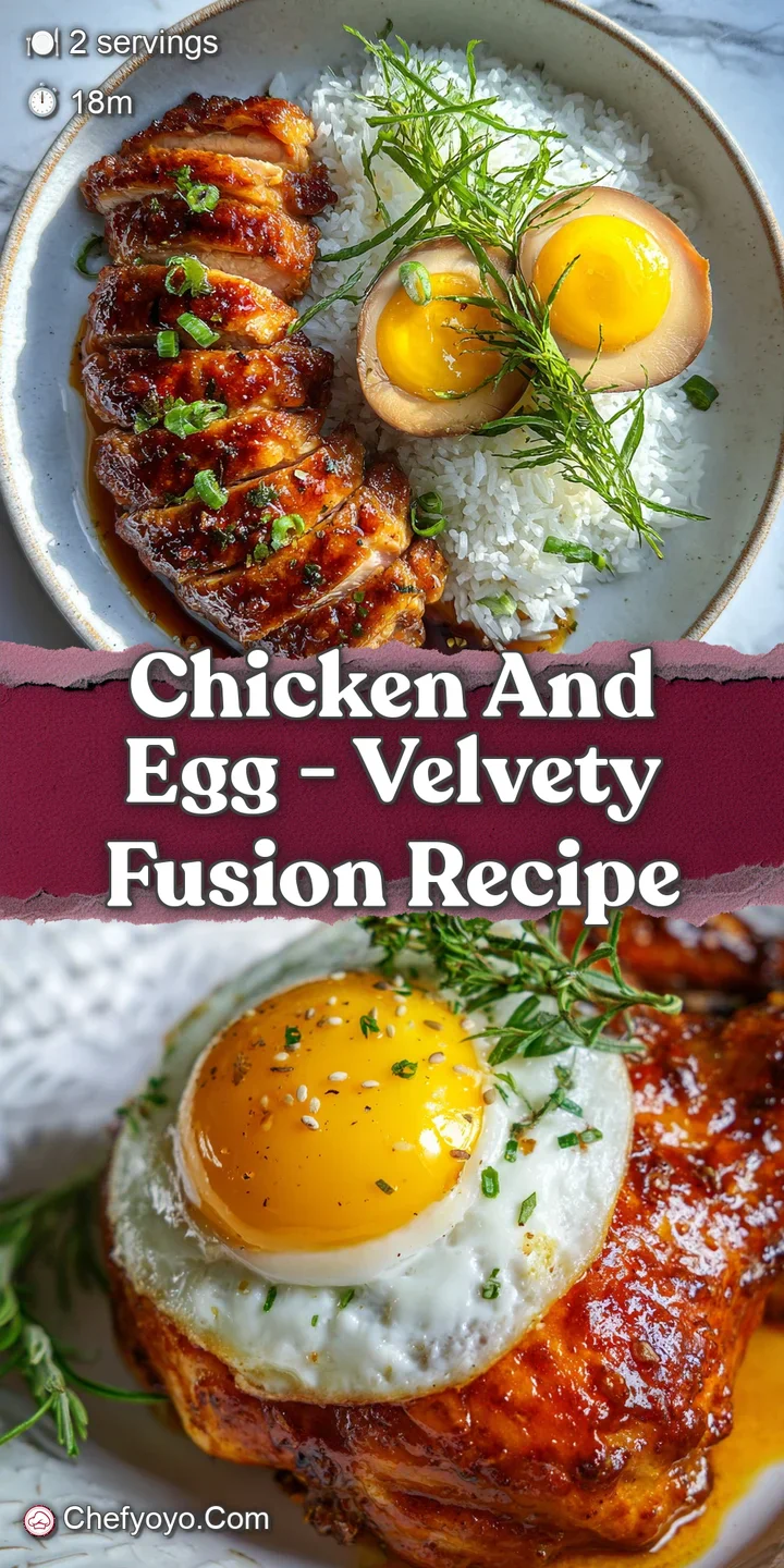 Close-up of glistening chicken and egg, revealing velvety smooth sauce. Wisps of steam enhance the dish's inviting aroma a...