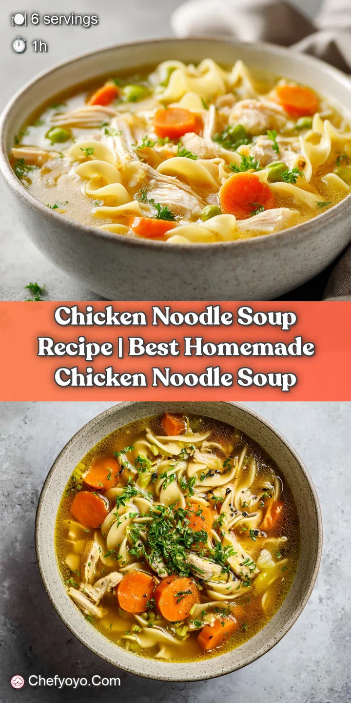 Close-up of tender chicken chunks and wavy egg noodles swimming in a rich, steaming golden broth.