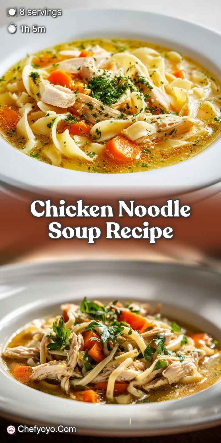 Close-up of tender chicken and egg noodles swimming in rich, flavorful broth with flecks of herbs.