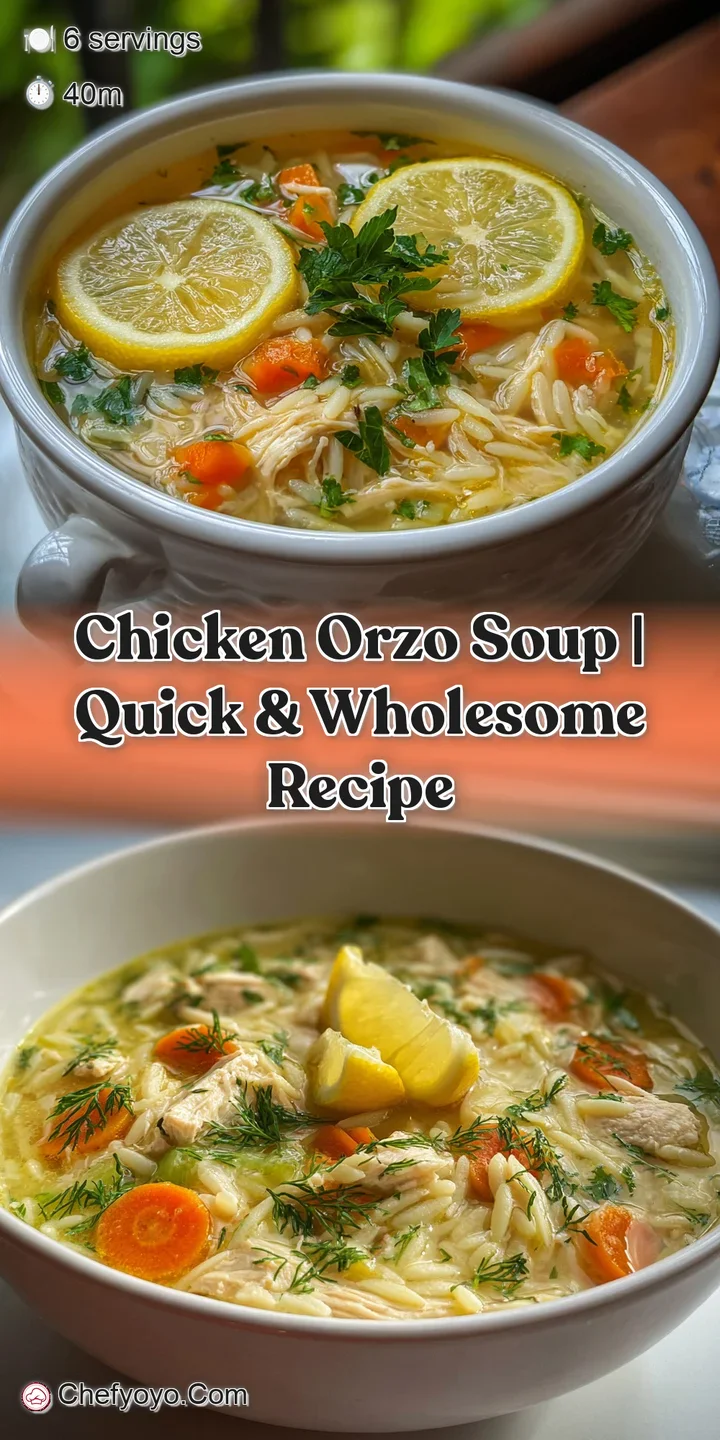 Close-up of steaming chicken orzo soup, highlighting the creamy texture, tender chicken, and bright yellow lemon zest flecks.