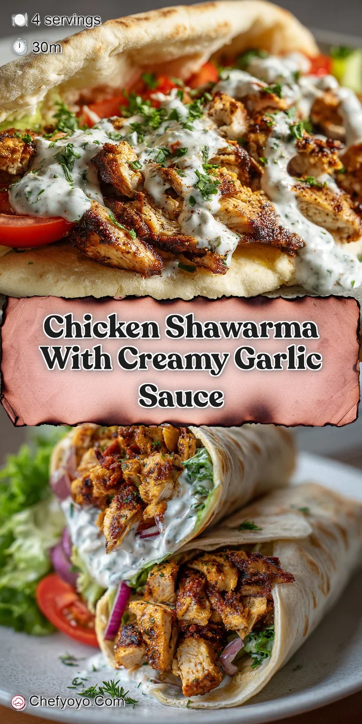 Close-up view of juicy chicken shawarma with browned edges, topped with a luscious, white creamy garlic sauce, drizzled ap...