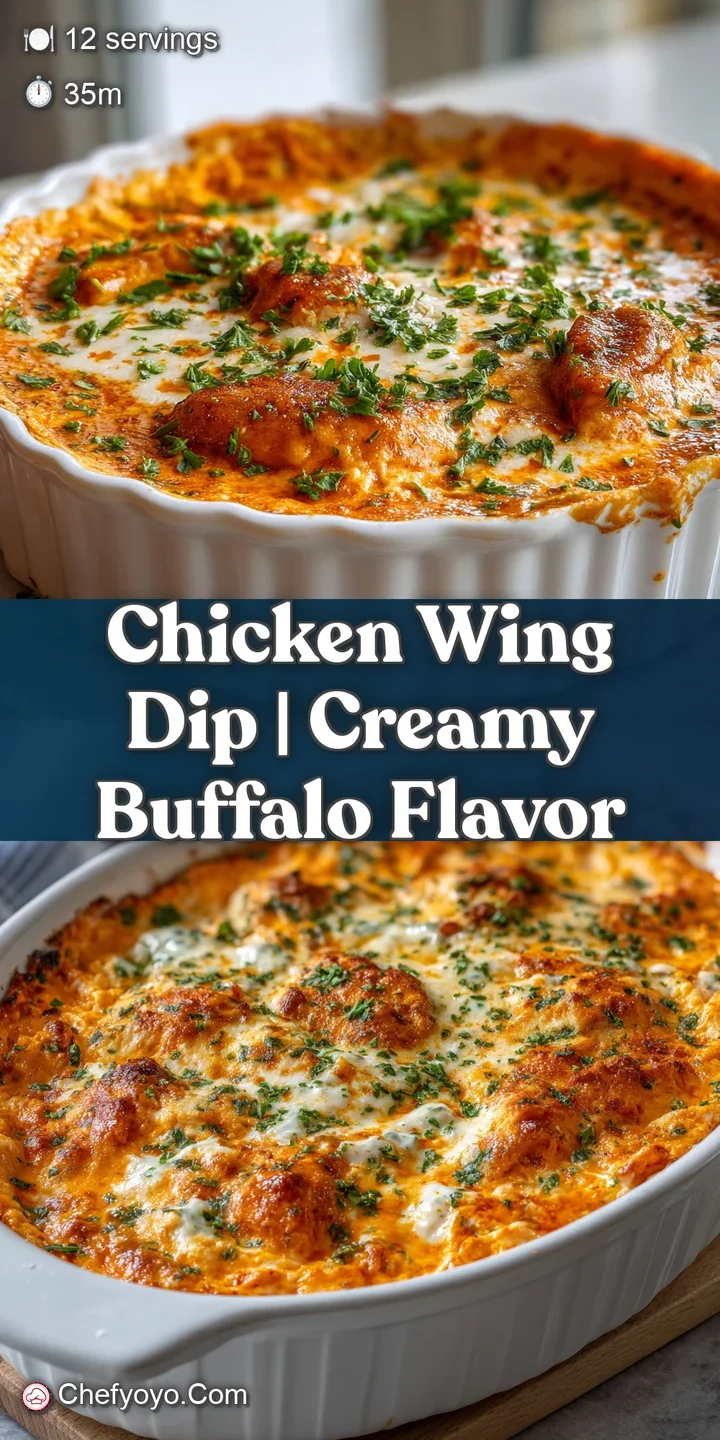 Close-up of hot chicken wing dip with visible shredded chicken and melted cheese, ready for dipping with a golden tortilla...