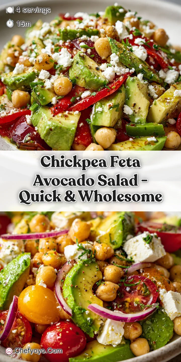 Close-up of chickpea salad: glistening olive oil, creamy avocado chunks, and crumbled feta cheese create an appetizing view.