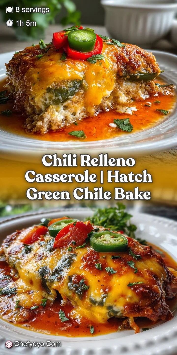 Close-up reveals layers of cheesy, eggy casserole with roasted green chiles. Slightly charred edges suggest smoky, spicy f...