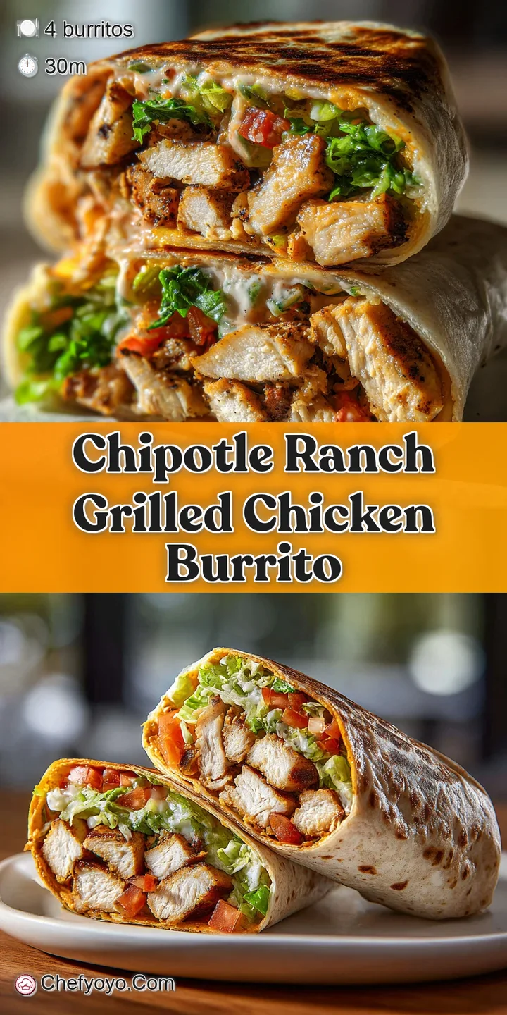 Close-up of a juicy grilled chicken burrito, highlighting the smoky chicken, melted cheese and creamy chipotle ranch sauce.