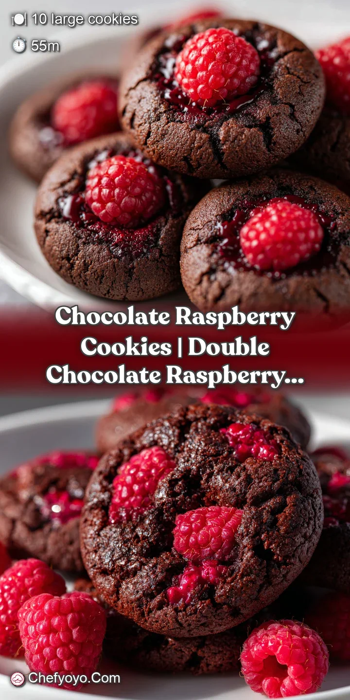 Close-up of a fudgy cocoa cookie showing gooey melted chocolate and a burst of vibrant red raspberry jam center.