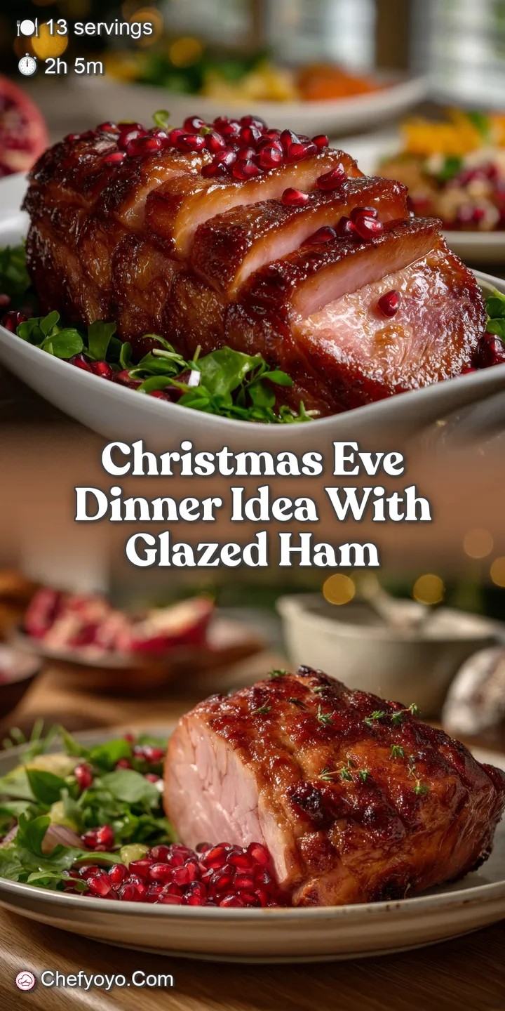 Close-up reveals the sticky, caramelized glaze on the ham, with glistening fat and savory herbs sprinkled across its surface.