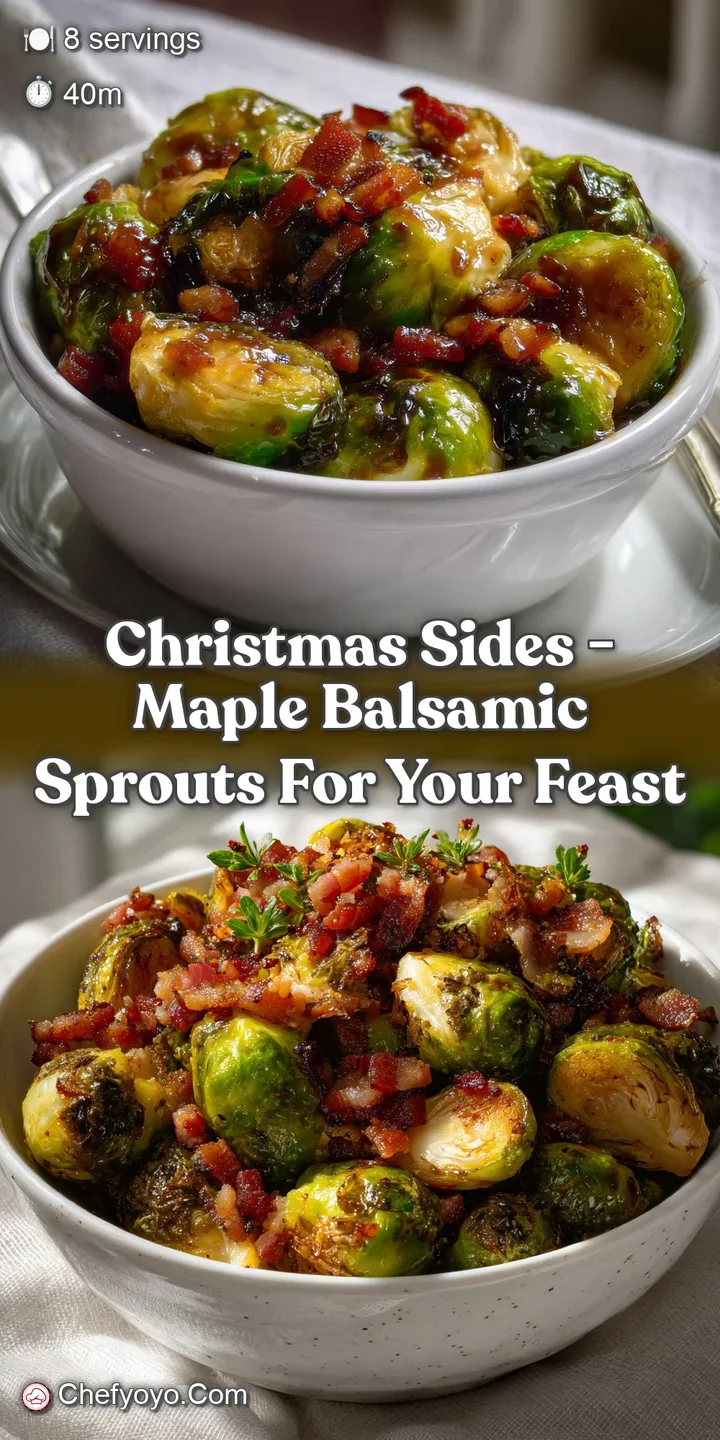 Close-up of caramelized Brussels sprouts. The dark, glossy balsamic glaze coats the edges, contrasted by the green leaves ...