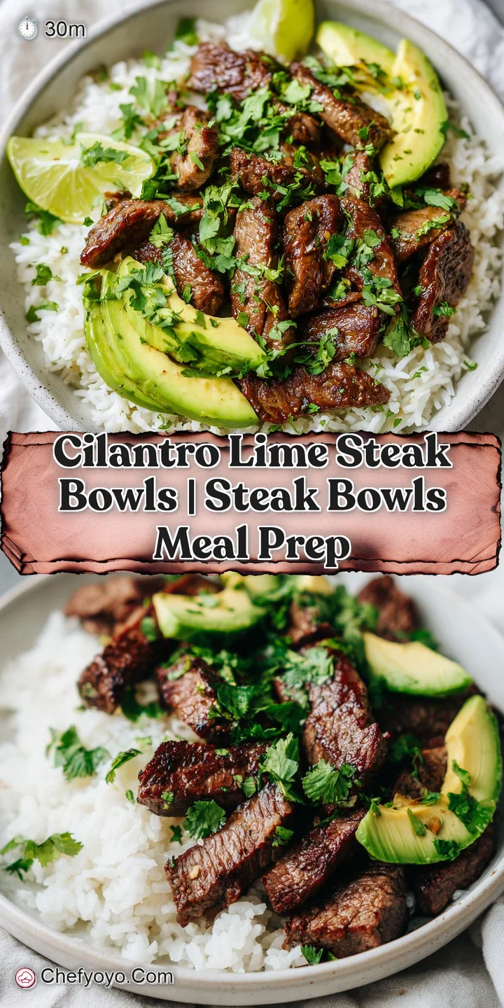 Close-up of juicy, browned steak pieces garnished with lime wedges and fresh cilantro leaves on a textured grain base.