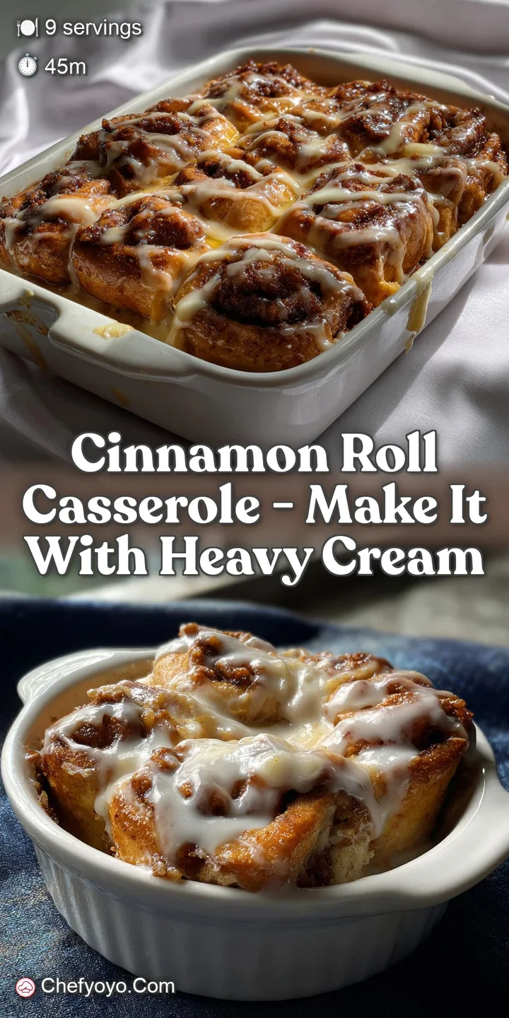Close-up of a warm, bubbling cinnamon roll casserole. The creamy custard shimmers, and the cinnamon swirls are beautifully...