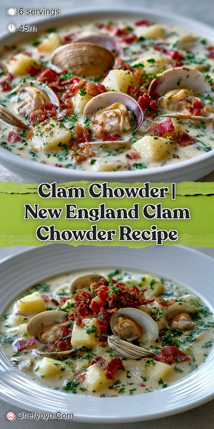 Close-up of a velvety white soup with plump clams, soft potatoes, and steaming swirls of fresh cream.