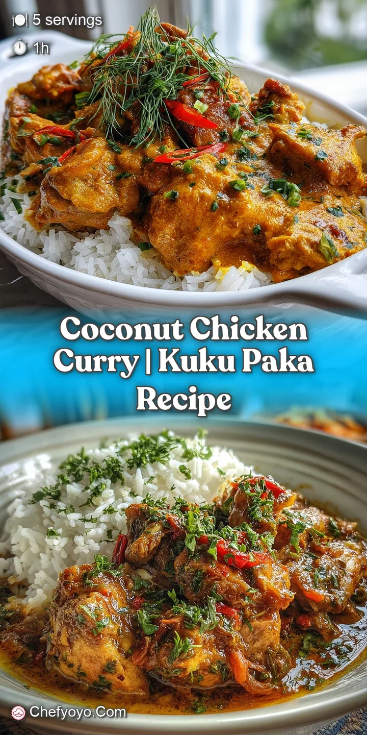 Close-up of tender chicken simmered in rich, aromatic coconut curry. Swirls of cream and spice create an inviting, appetiz...