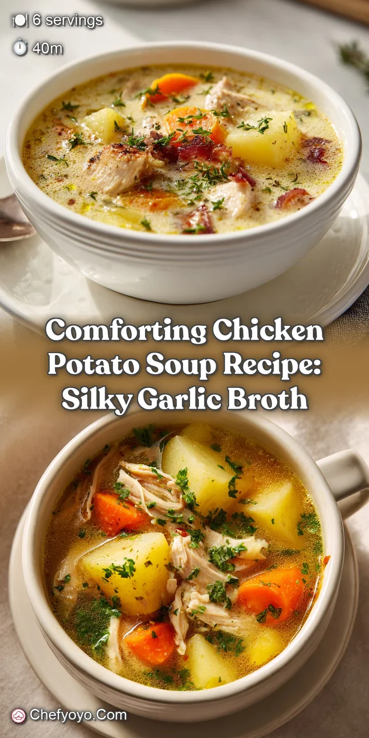 Close-up of rich, creamy chicken potato soup with bits of shredded chicken, soft potatoes, and a vibrant garnish of fresh ...