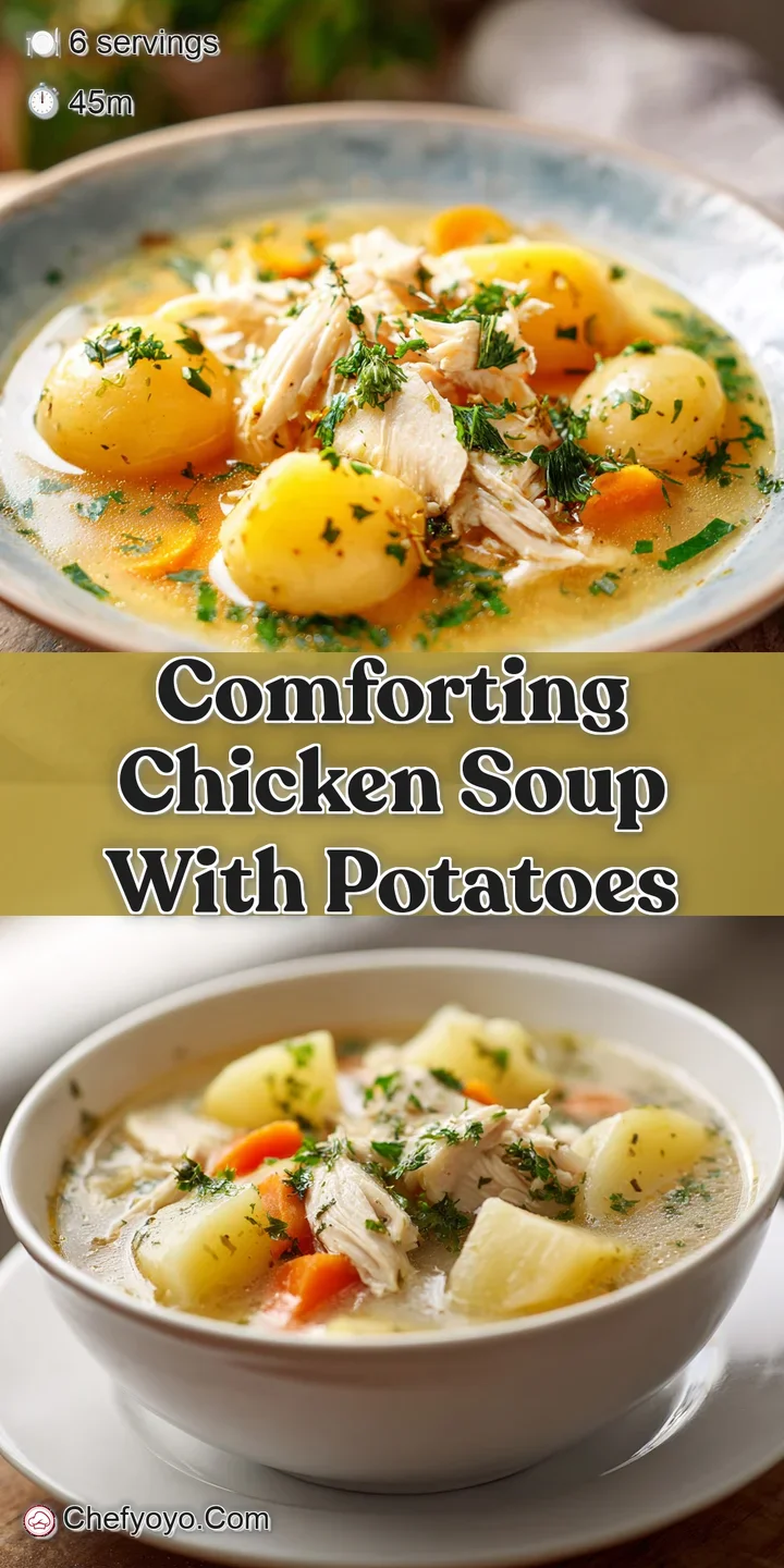 Close-up of vibrant chicken soup. Chunks of chicken, soft potatoes, and colorful carrot slices float in the savory, steami...