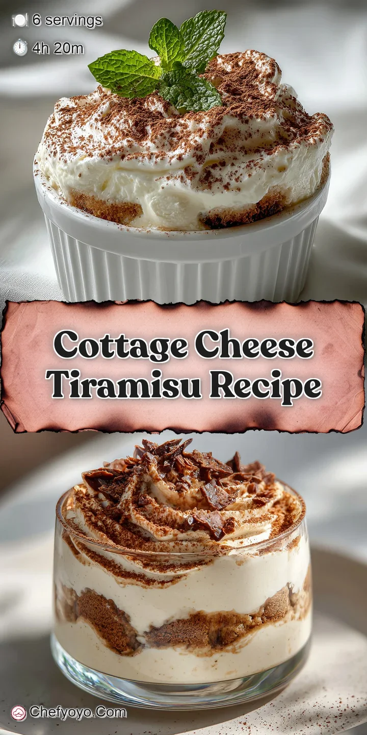 Close-up of a no-bake tiramisu featuring soft, light-colored cream layers generously dusted with rich, dark cocoa powder. ...