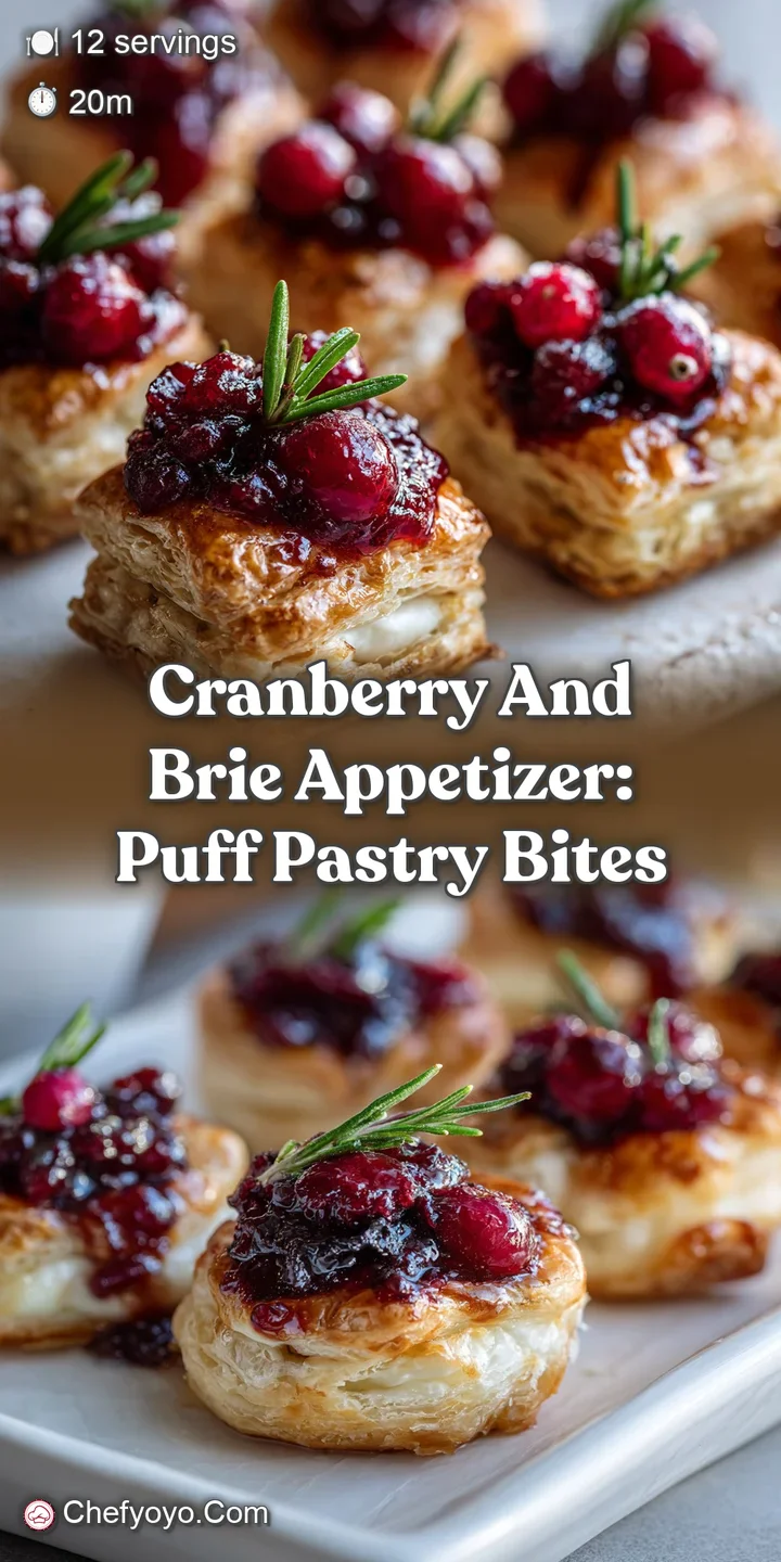 Close-up of a cranberry brie bite, the creamy cheese oozing over the flaky pastry, bright cranberries catching the light.