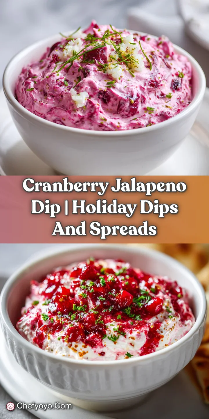 Close-up of glistening ruby cranberries mixed with bright green jalape&ntilde;o slices in a creamy dip.