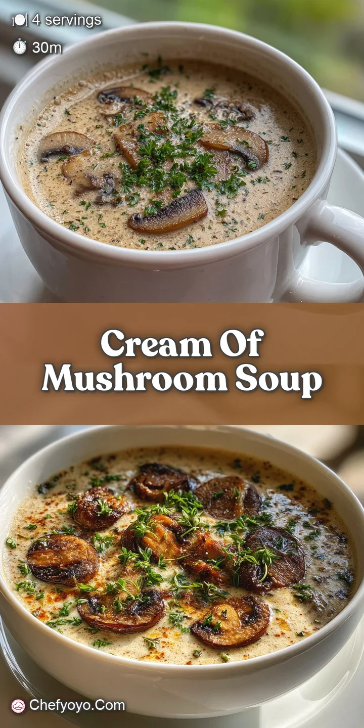 Close-up of silky smooth mushroom soup, showcasing earthy tones and a velvety texture. Wisps of steam rise from the warm, ...