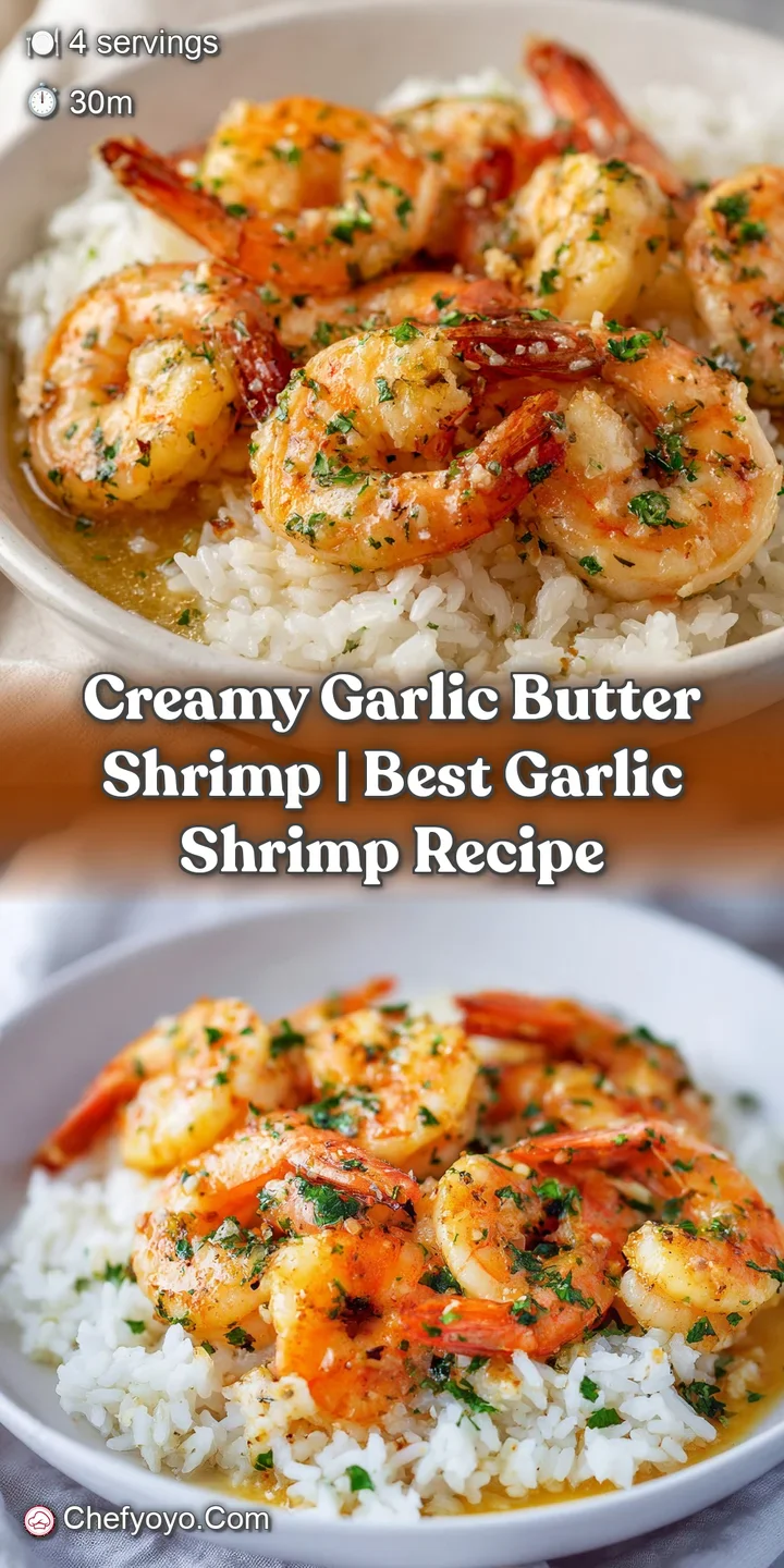 Close-up of a juicy pink shrimp glistening in a thick, creamy garlic sauce with tiny flecks of toasted garlic.