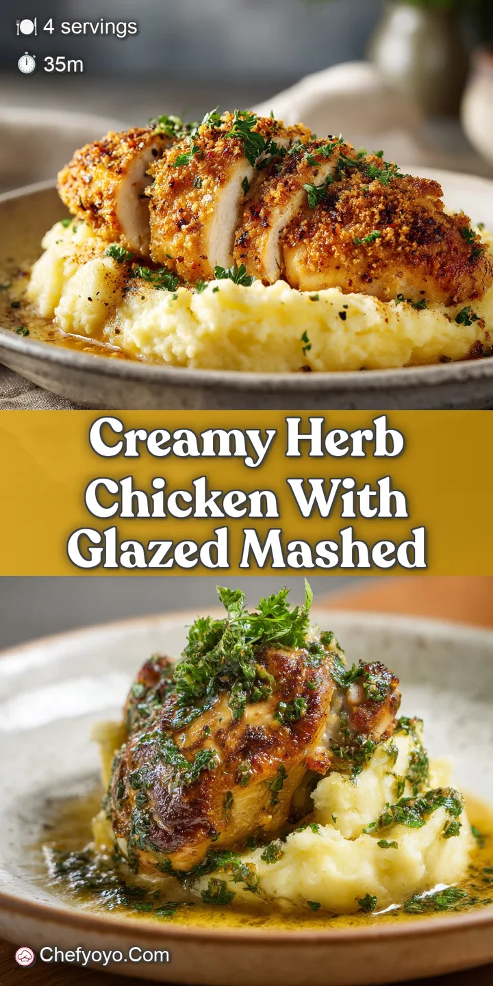 Close-up of glistening, creamy herbed sauce coating tender chicken and smooth, buttery mashed potatoes, promising a delici...