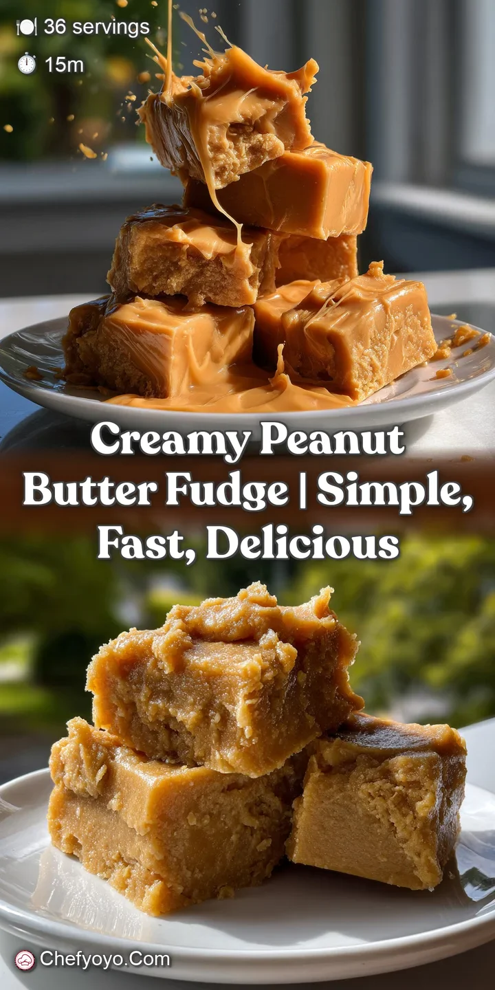 Close-up of smooth, glossy peanut butter fudge with visible peanut pieces, offering a glimpse of the treat's creamy, decad...