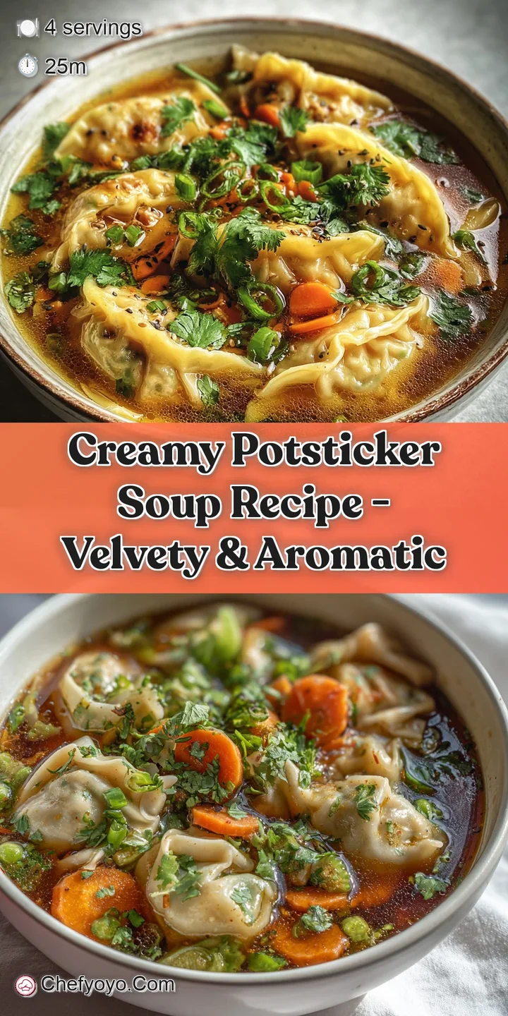 Appetizing spoonful of creamy soup with a juicy potsticker, showing the flavorful filling and soft wrapper, ready to be de...