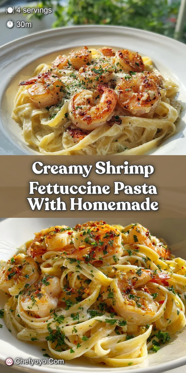 Close-up of creamy shrimp fettuccine: glossy sauce clinging to the noodles and garlic, showing delightful texture and warmth.