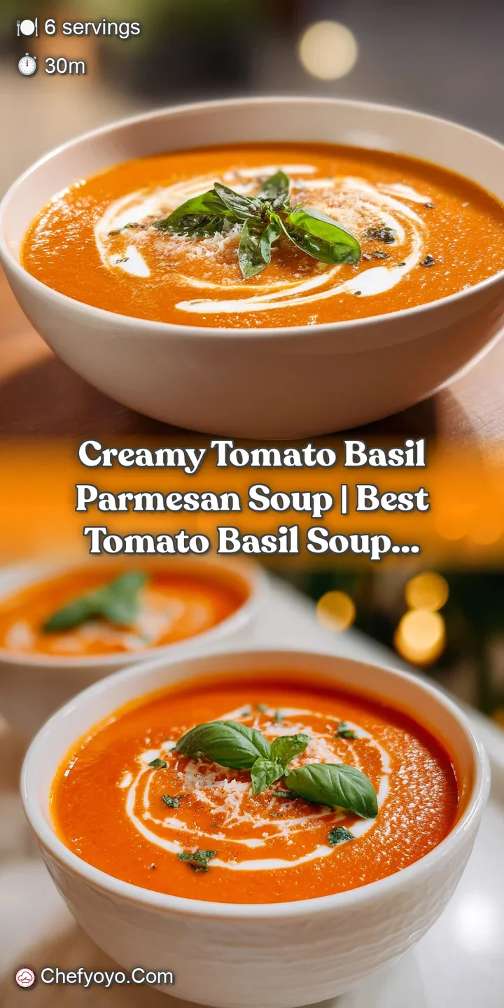 Macro shot of creamy red soup featuring a swirl of white cream and delicate flakes of salty parmesan cheese.