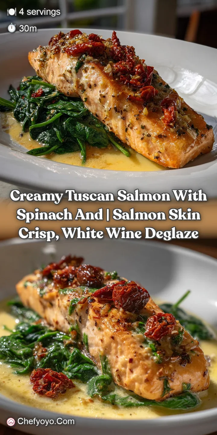 Creamy Tuscan Salmon with Spinach and | Salmon Skin Crisp White Wine Deglaze