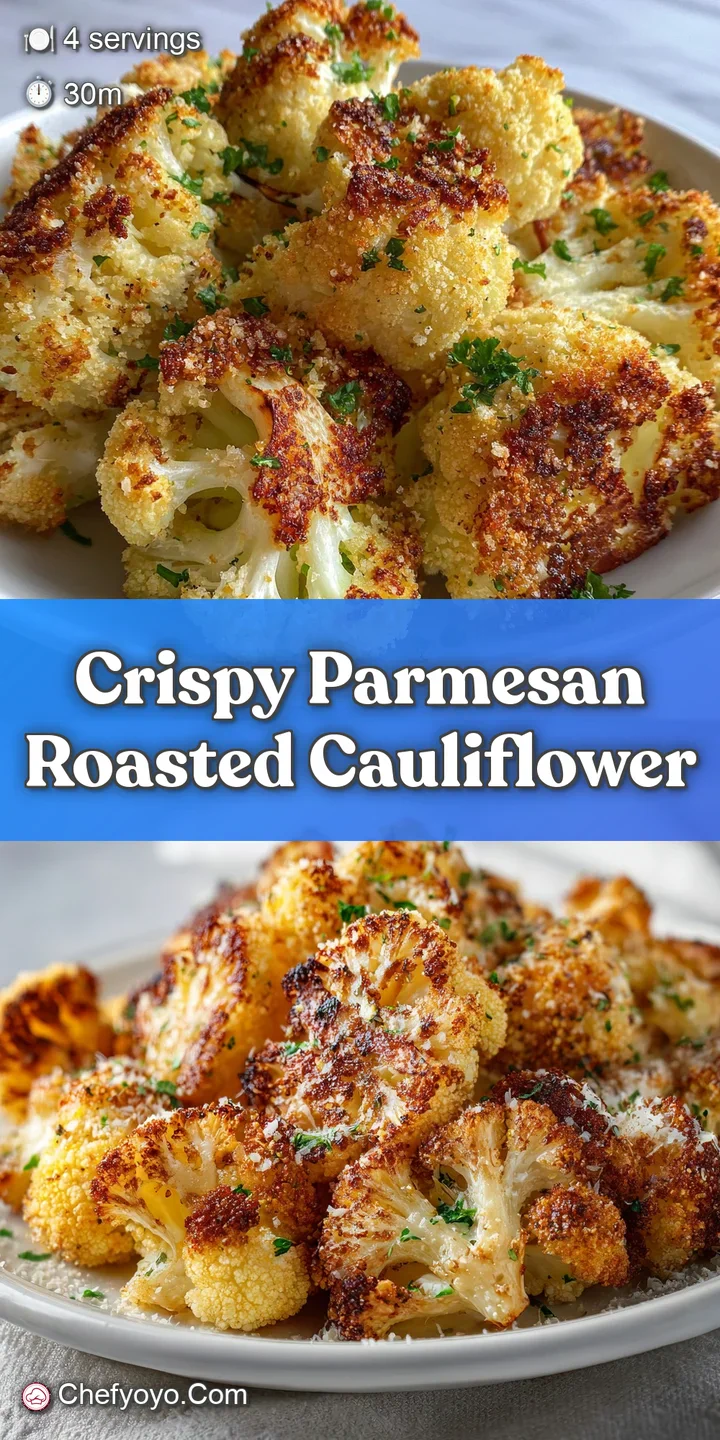 Close-up showcases the crispy, golden-brown texture of parmesan cauliflower. Glistening oil hints at a rich, savory flavor.