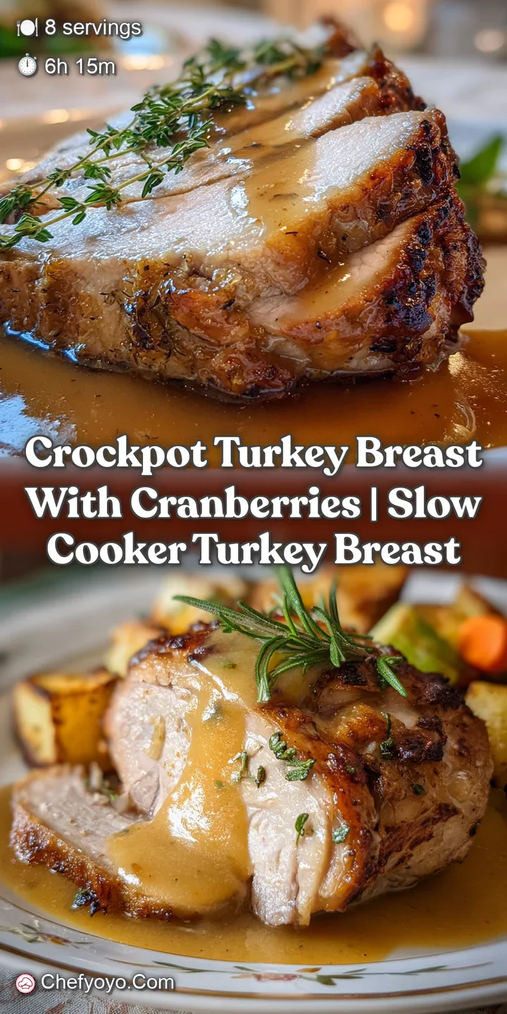 Close-up shot of the slow-cooked turkey, showing incredibly tender texture. Golden-brown skin contrasts with the moist, wh...