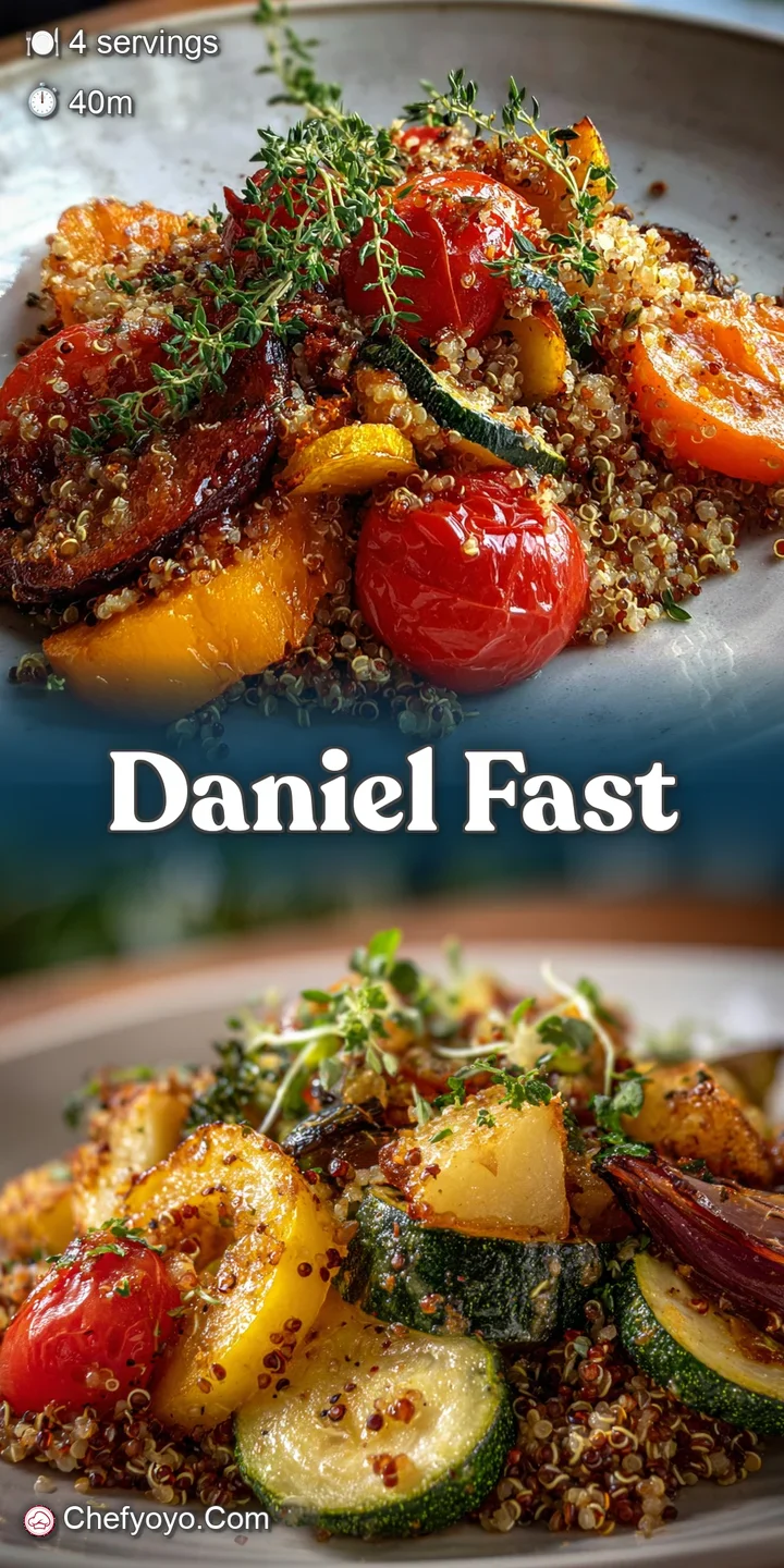 Close-up of roasted vegetables glistening with oil. The quinoa looks light and fluffy. A healthy, hearty, and vibrant plan...