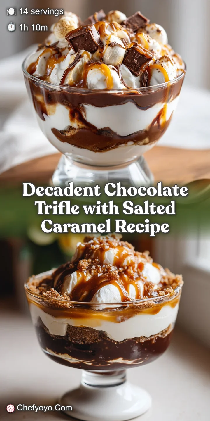 Close-up: swirly layers of chocolate cream and cake, glistening salted caramel drizzle&mdash;a spoonful of decadent trifle delight.