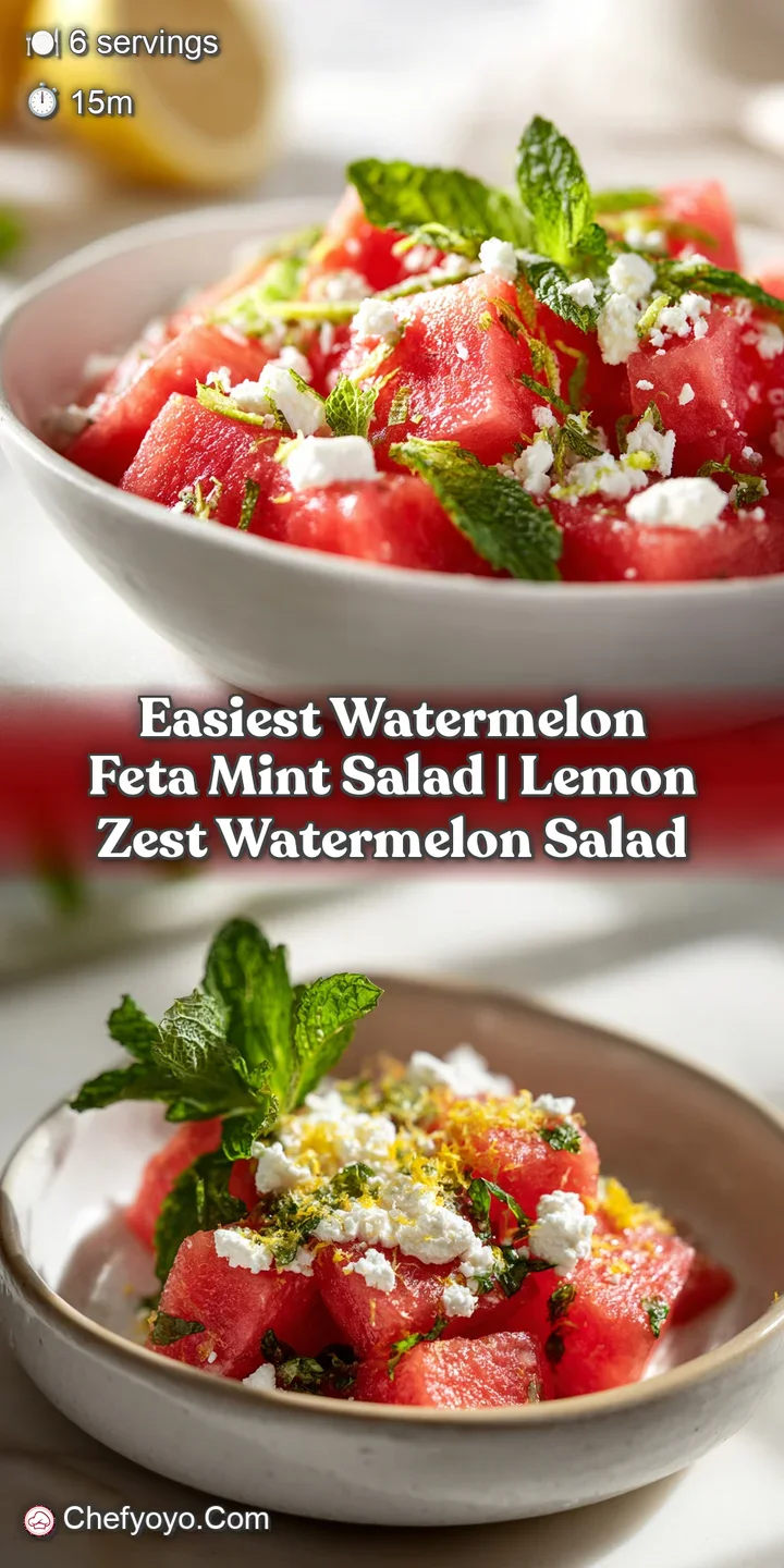 Close-up of refreshing watermelon salad. See the glistening juice, crumbly feta, and the delicate texture of fresh mint.