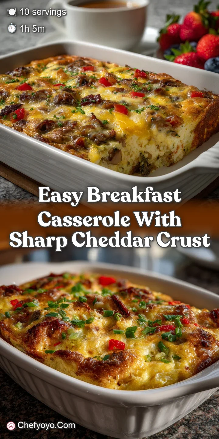 Close-up of a bubbling breakfast casserole. Crispy hash browns meet gooey cheese and savory sausage, a tempting, warm, hea...