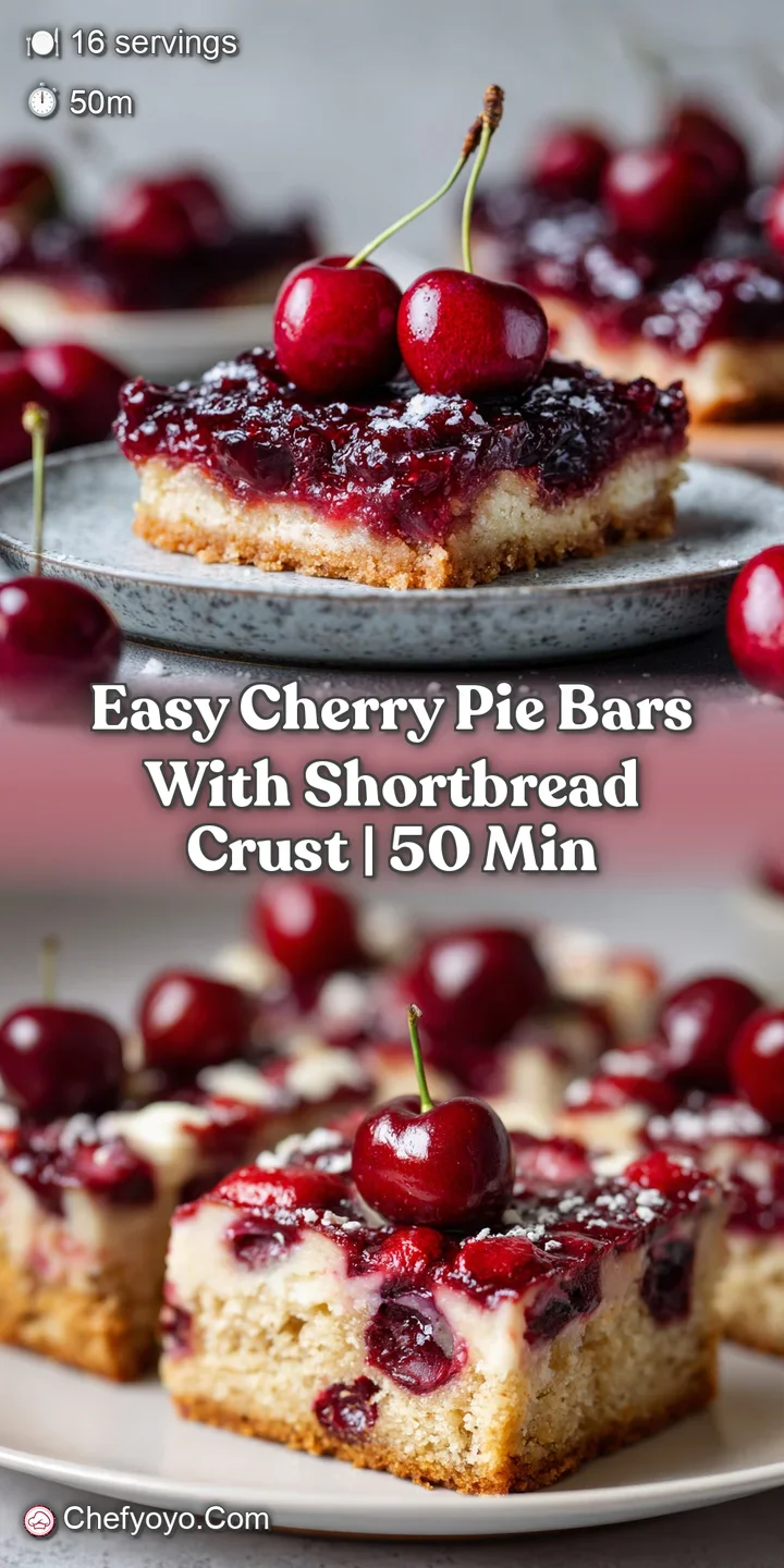 Chunk of cherry pie bar features crisp, golden-brown oat topping, peek of shiny, ruby-red cherry filling, and a flaky crust.