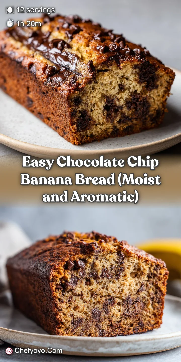 Close-up of a moist banana bread slice, revealing tender crumb studded with dark, melted chocolate chips.