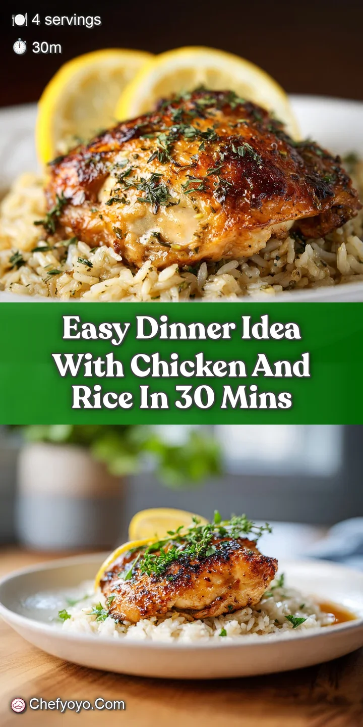 Close-up shows glistening rice and savory chicken with colorful bell peppers, a fast & fresh weeknight dinner served in mi...