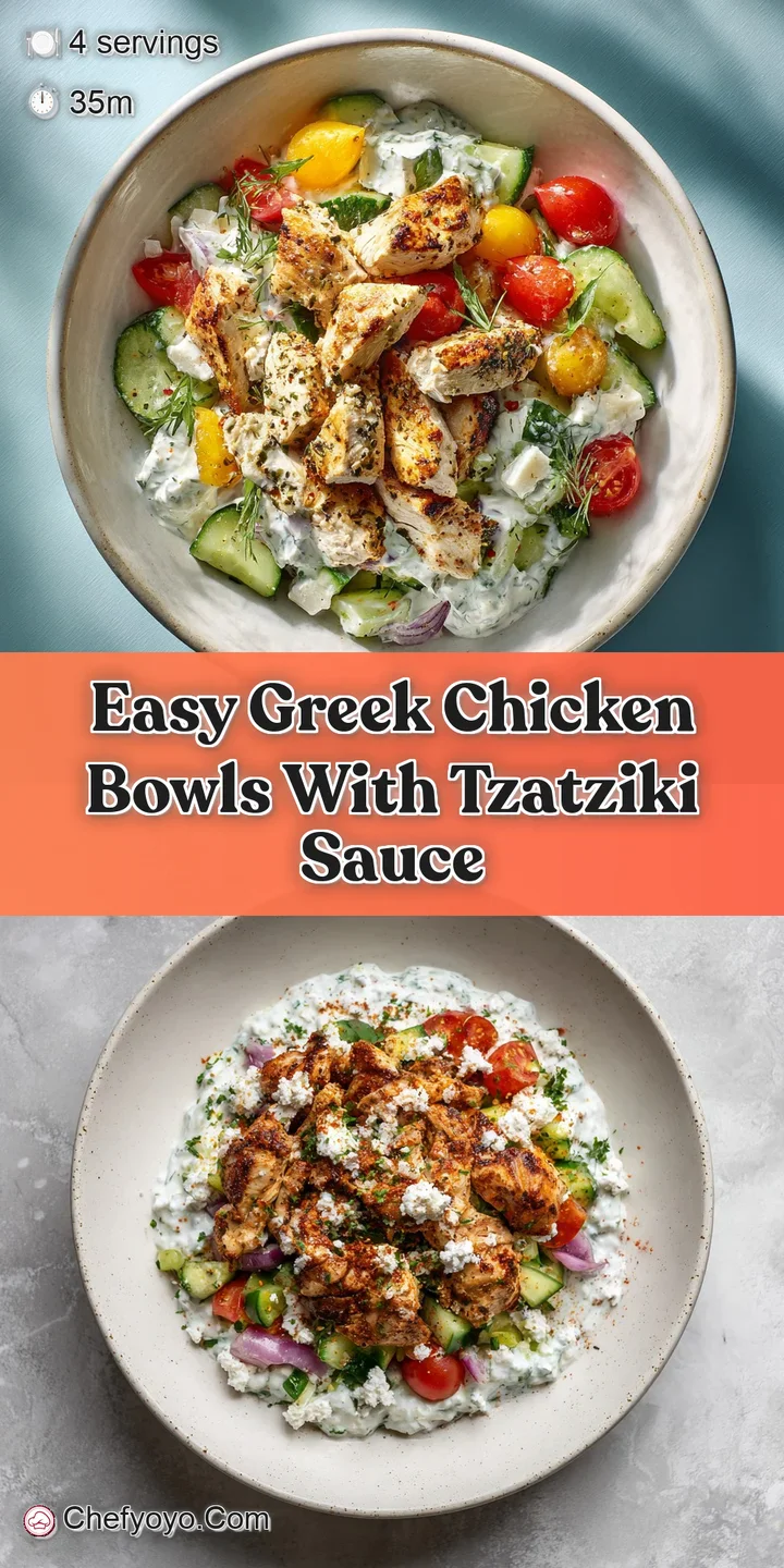 Close-up of a Greek chicken bowl highlighting the char on the chicken and the cool, thick texture of the homemade tzatziki...