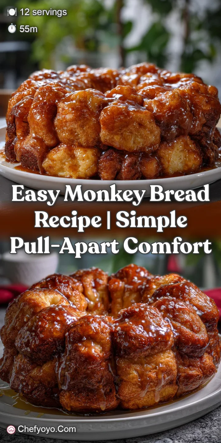 Close-up of warm monkey bread, with gooey caramel dripping down the sides. The soft, pillowy texture is highlighted by war...