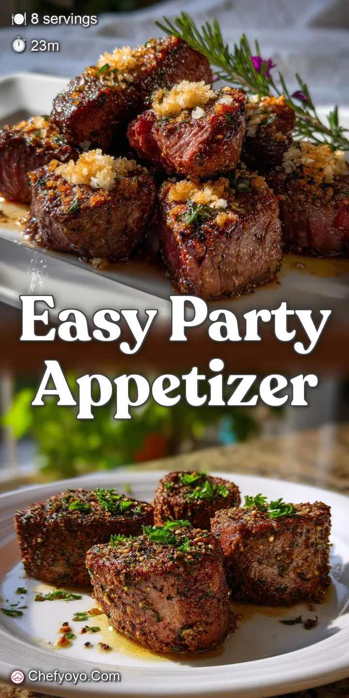 Close-up of tender steak bites, seasoned with herbs, the edges perfectly caramelized, showcasing a juicy, medium-rare inte...